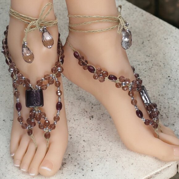 NEW Purple Glass Beaded Barefoot Sandals. Beach or bellydance foot jewelry. - Picture 2 of 6